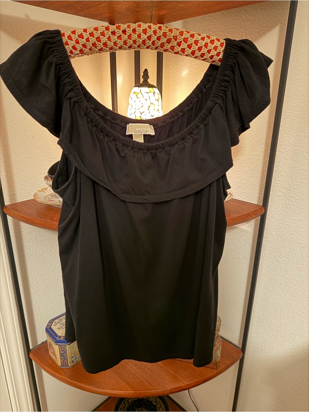 Michael Kors Black Ruffle Off-Shoulder Camisole Top